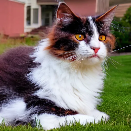 Prompt: a fluffy cute calico cat sitting on the corner of a front yard outside in the late afternoon on a beautiful summer day, sunset