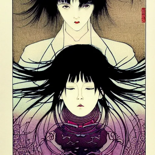 Image similar to prompt: Fragile looking soft light portrait face drawn by Takato Yamamoto and Katsuhiro Otomo, inspired by Ghost in Shell anime, magical and alchemical objects on the side, soft light, intricate detail, intricate ink painting detail, sharp high detail, manga and anime 2000