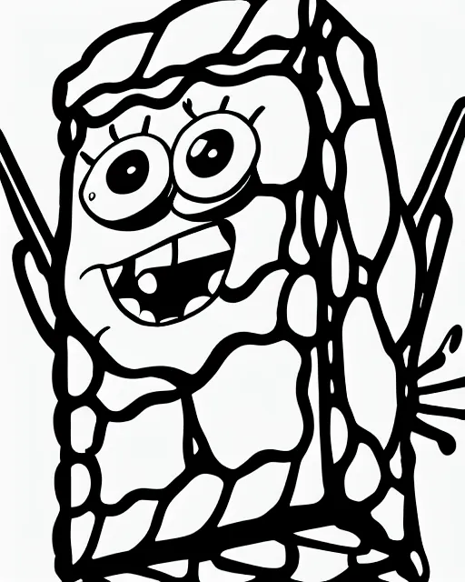 Image similar to dramatic line - art portrait of spongebob, color glow, intense shading