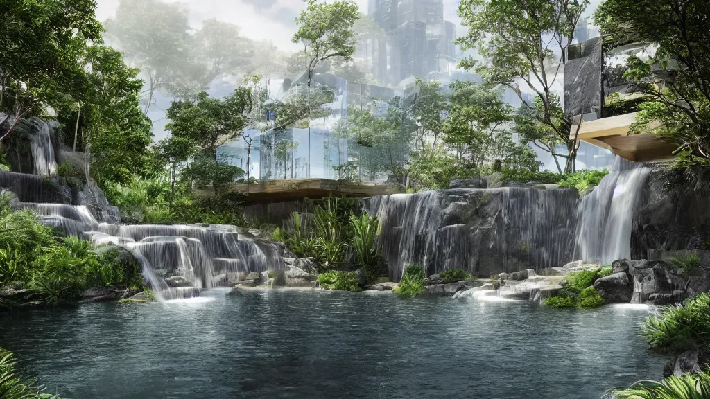 Prompt: overall architectural design, 2 0 2 2, glassy residential, small waterfall, island, cinematic lighting, high details, realistic, manimalist