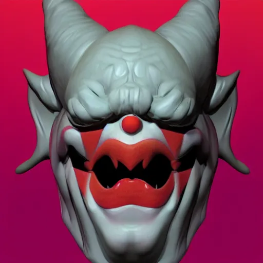 Image similar to 3d sculpt of an evil clown face with bat wings, skull, artstation, digital illustration