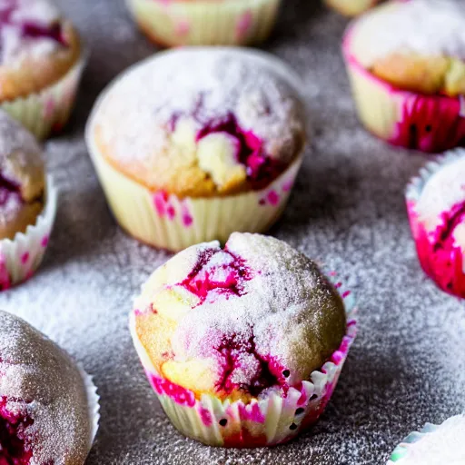 Prompt: vanilla raspberry muffins with powdered sugar, bokeh