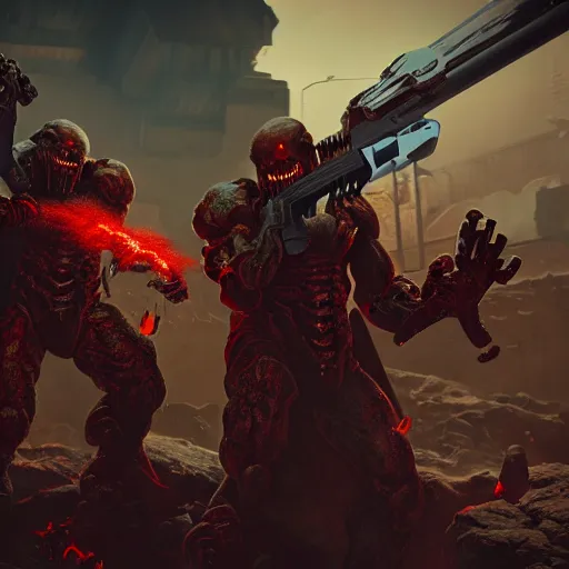 Prompt: doom slayers in hell wielding the super shotgun, octane render, cinematic, by greg rutkowski, extremely high detail, hyper realistic textures, vivid colors, 8 k