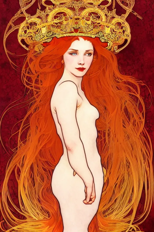 Image similar to watercolor, a red hair female underwater with a crown made of long golden fish!!, intricate, elegant, highly detailed, my rendition, digital painting, trending on artstation, concept art, smooth, sharp focus, illustration, art by alphonse mucha