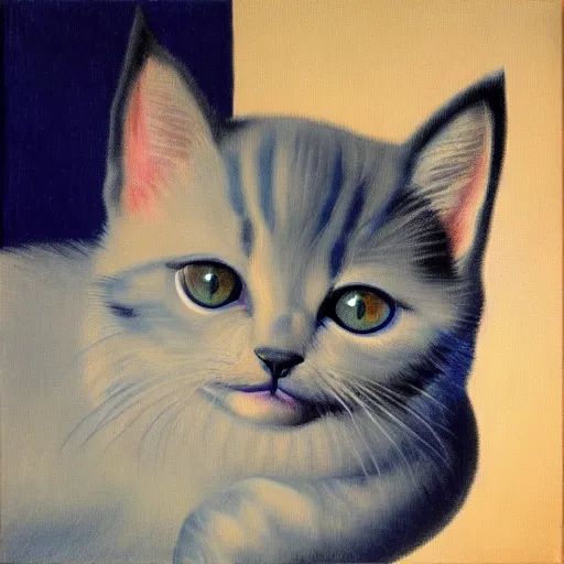 Prompt: painting of a blue kitten by rene magritte, hd, 4 k, detailed, award winning