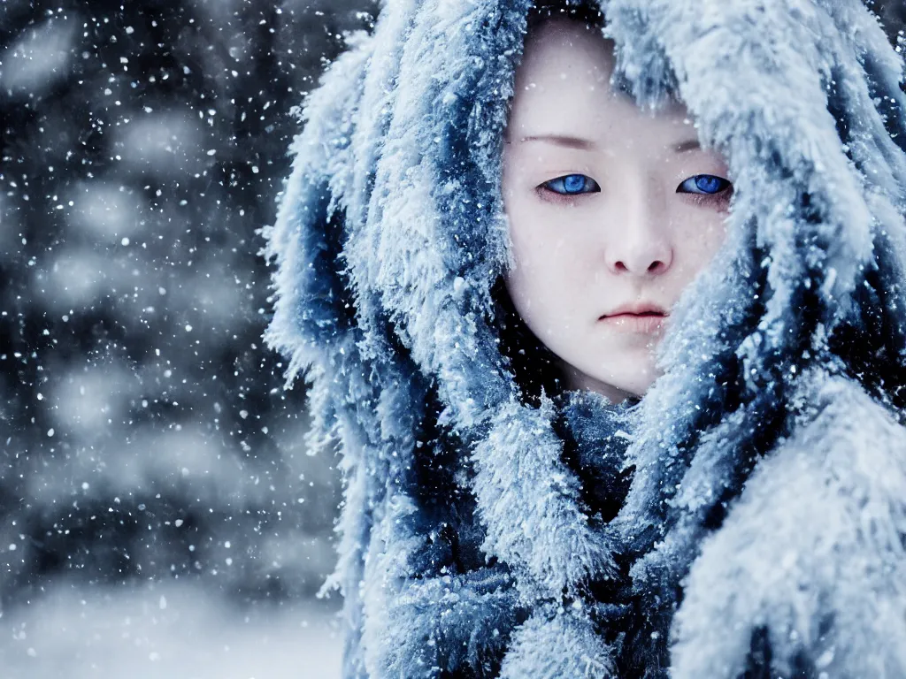 Prompt: the piercing blue eyed stare of yuki onna, freezing blue skin, blizzard in the mountains, bokeh, asymmetric, rule of thirds