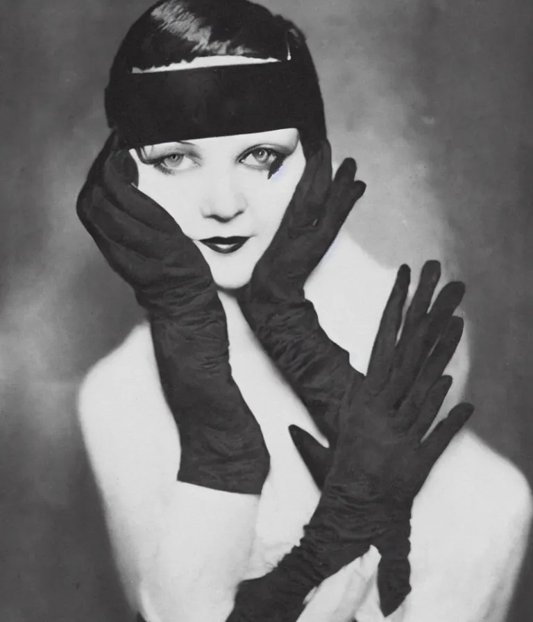 Image similar to antique colored shot of a 1 9 2 0 s short - haired flapper woman in black satin gloves looking and smirking at the camera, at a party in a dimly lit speakeasy bar, jazz age, precise, wide shot, cohesive, art deco, cinematic, low - lighting, photography