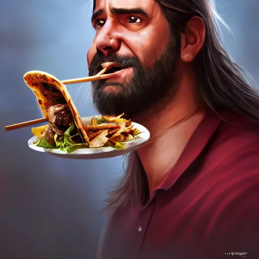 Image similar to portrait of a half fatman half pig eating kebab with long hair tied in a ponytail, light stubble with red shirt ,digital art,photorealistoc,art by greg rutkowski,hyperdetailed,western comic style,comic,comic style,sharp lineart,professional lighting,deviantart,artstation,trevor henderson,rossdtaws,cinematic,dramatic