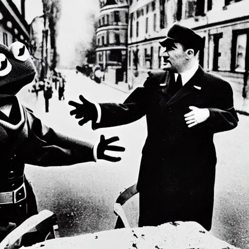 Prompt: kermit the frog and hitler discuss taking over europe