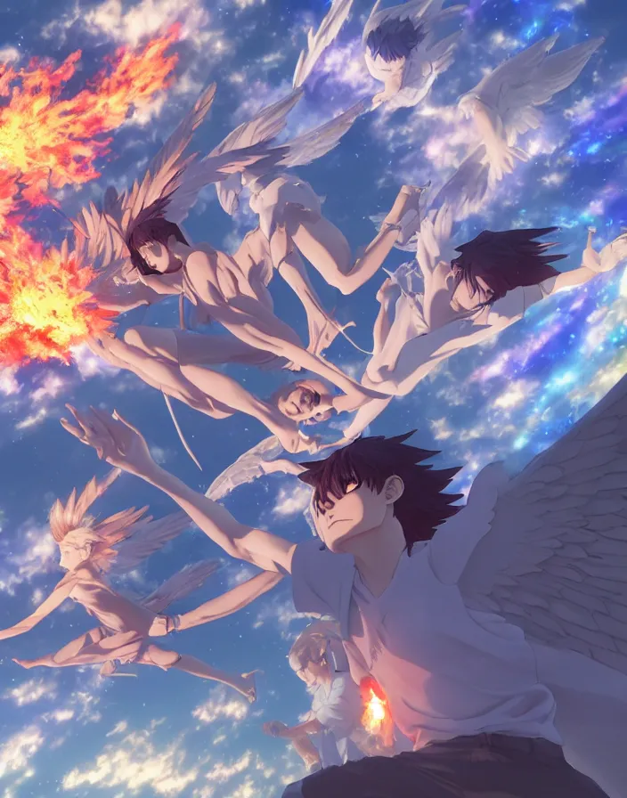 Image similar to fallen angels cast out of heaven by yusuke murata and makoto shinkai, fireballs, smoke, embers, meteors, angels, god rays, 8k, cel shaded, unreal engine, featured on artstation, pixiv