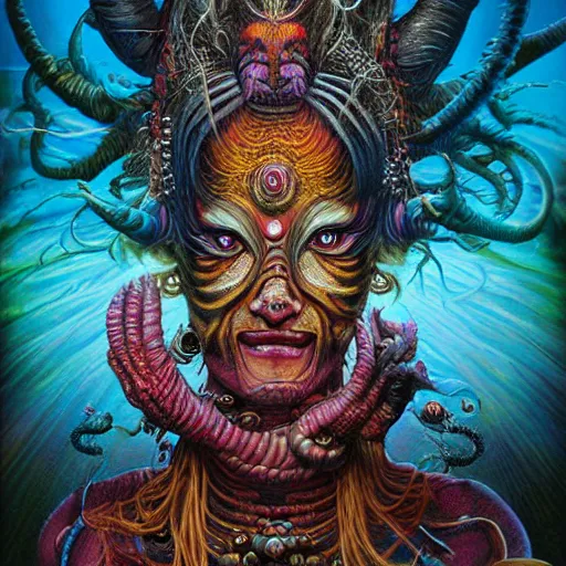 Prompt: photorealistic detailed strange mutated abomination creature image female sadhu fusion with underworld Indian goddess by James Cameron, hyper detailed, ultra High definition, Lisa Frank, Steven Spielberg, Peter Morbacher, Ayami Kojima, Boris Vallejo, Frank Bairstow, Greg Hildebrandt, Mark Brooks, Alex Grey, multicolors. Beksinski, Takato Yamamoto, hyper realism, 8K, IMAX quality, Unreal engine 5