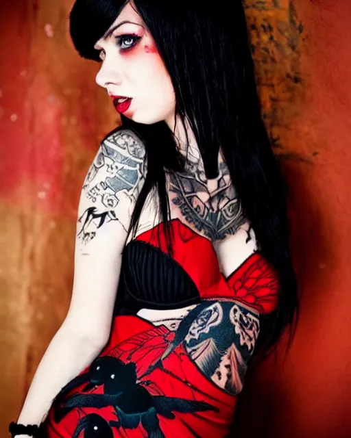 Image similar to cute female with intricate tattoos, crimson - black hair, wearing cute crimson - black bee - themed dress, cinematic lighting, beautiful composition
