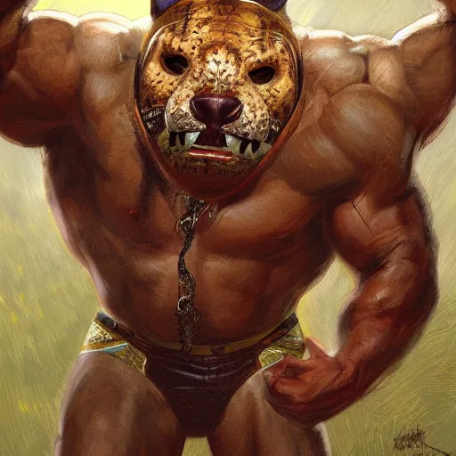 Image similar to Buff wrestler wearing a jaguar mask, closeup character portrait art by Donato Giancola, Craig Mullins, digital art, trending on artstation