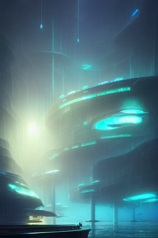 Image similar to emissary futuristic underwater city with pink street lighting, bioluminescence tides, by tim blandin and arthur haas and bruce pennington and john schoenherr, cinematic matte painting, zaha hadid building, photo realism, dark moody color palate, blue hour stars, desolate glacial landscape,