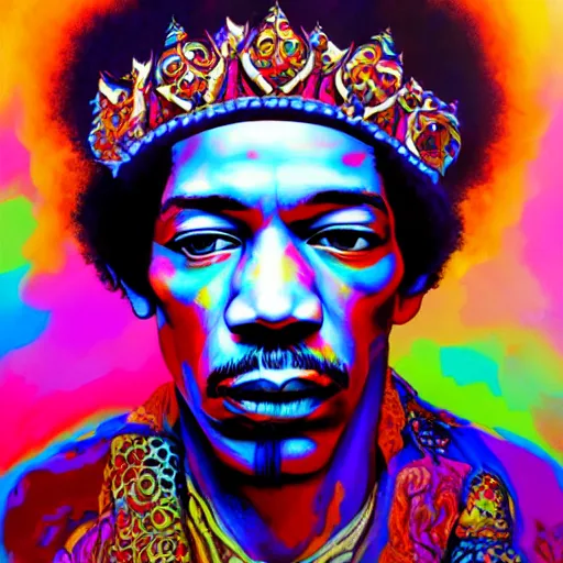 Prompt: An extremely psychedelic portrait of Jimi Hendrix wearing a crown, surreal, LSD, face, detailed, intricate, elegant, lithe, highly detailed, digital painting, artstation, concept art, smooth, sharp focus, illustration