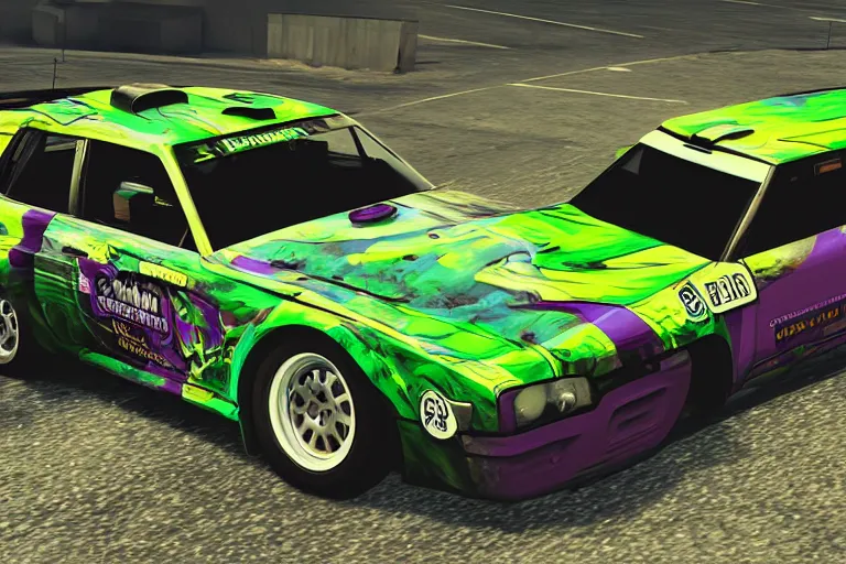 Image similar to purple and green wrc snakeoil livery rally car, gta 5 stylized, official fanart by jesper ejsing, by wlop, frank frazetta and r. crumb