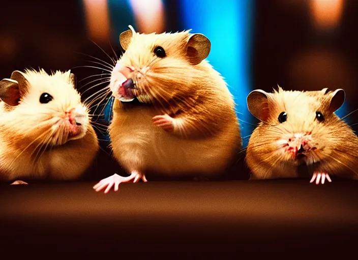 Prompt: hamsters in a cinema, movie still, cinematic, sharp focus, cinematic grain, cinematic lighting, 8 k