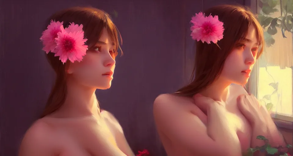 Prompt: a girl with с - cups with flowers instead of clothes, night setting. realistic shaded lighting poster by ilya kuvshinov katsuhiro, magali villeneuve, artgerm, jeremy lipkin and michael garmash, rob rey and kentaro miura style, trending on art station pinhole photography