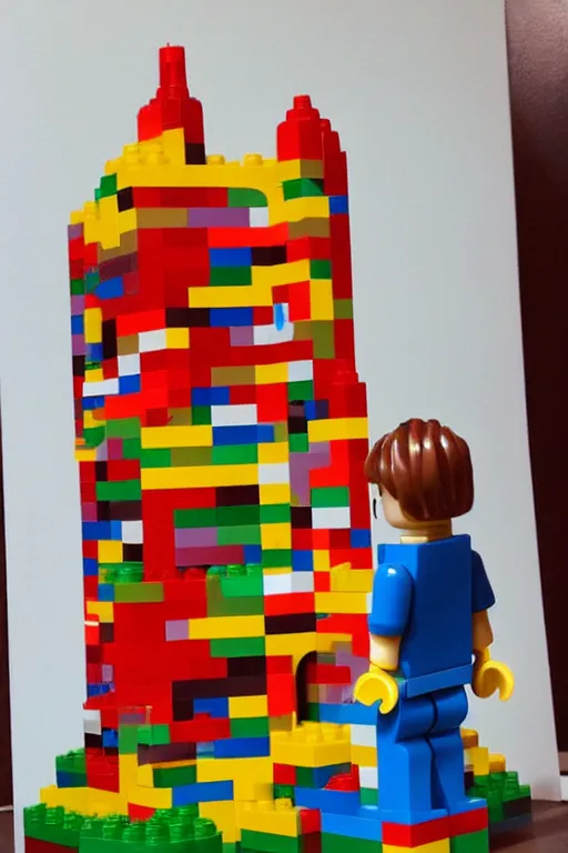 Prompt: a little cartoon boy with red hair builds a tower out of lego. clean elegant pretty cartoon painting, beautiful detailed face, soft outlines.