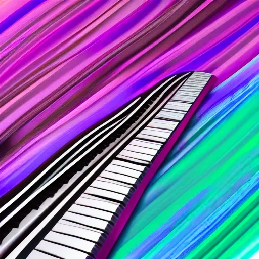 Prompt: piano keys on a curve colorful abstract background of musical notes purple cyan blue detailed oil painting musical abstract art