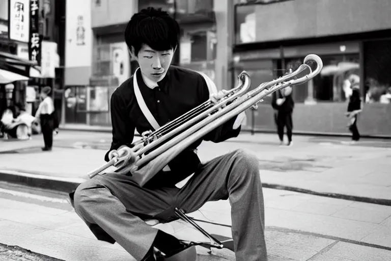 Image similar to still photo of a japanese man playing jazz on the street, black and white color aesthetic, highly detailed, photorealistic portrait, bright studio setting, studio lighting, crisp quality and light reflections, unreal engine 5 quality render