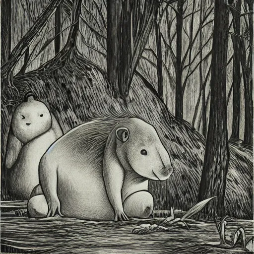 Prompt: capybara, style of kentaro miura, in a spooky forest