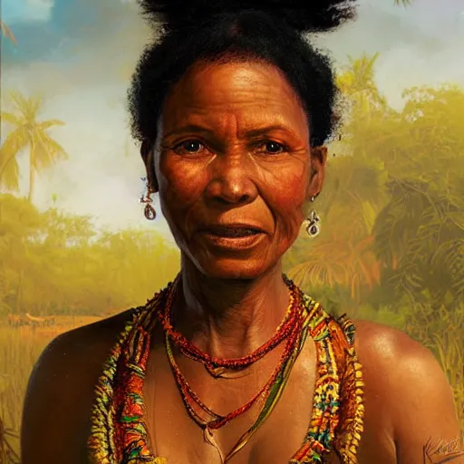 Image similar to portrait of a surinam woman ( 3 5 ) from suriname in 2 0 2 1, an oil painting by ross tran and thomas kincade