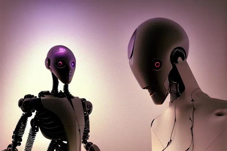 Image similar to hyperrealistic medium shot robot cyborg in wires data! center server! computers! by stanley kubrick highly detailed concept art zdzisław beksinski william gibson westworld hbo cinematic low purple lighting high angle hd 8 k sharp shallow depth of field