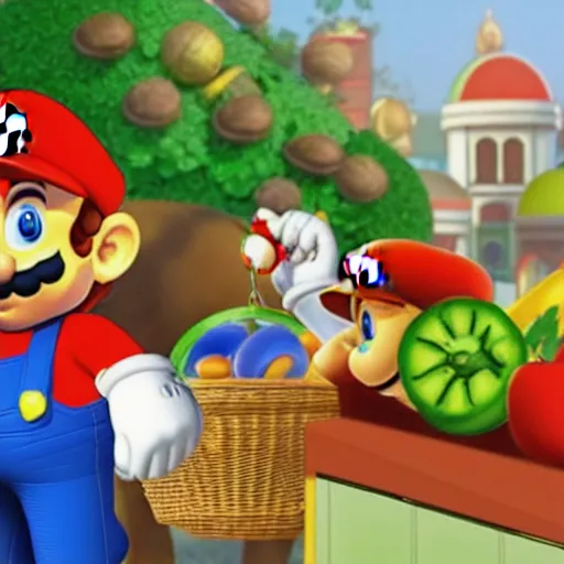 Prompt: game character mario selling vegetables on a farmer's market, morning