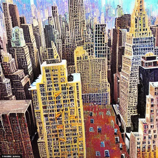 Prompt: New York City with the buildings made of macaroni noodles. Pasta sauce raining from the sky