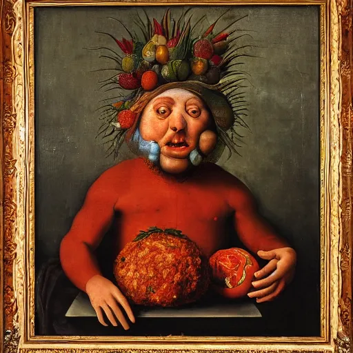 Prompt: a boy sitting in a tub full of tomato sauce, a big meatball lurking in the background, by giuseppe arcimboldo, renaissance, portrait, fruit, detailed oil paint, high definition