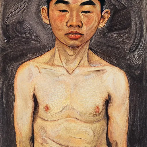 Prompt: detailed portrait of a modern, young confident southeast asian american young man, large eyes, round cheeks, tanned skin, medium length hair in the style of lucian freud, francis bacon, john chamberlain, willem de kooning, andreas franke, jean giraud, rob gonsalves, james gurney, james jean, ruan jia, gustav klimt