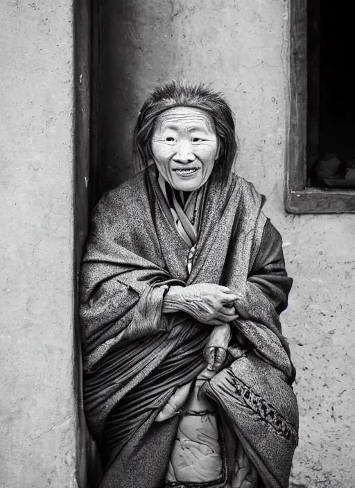 Image similar to Mid-shot portrait of a 70-year-old woman from Tibet wearing a traditional outfit, candid street portrait in the style of Martin Schoeller award winning, Sony a7R