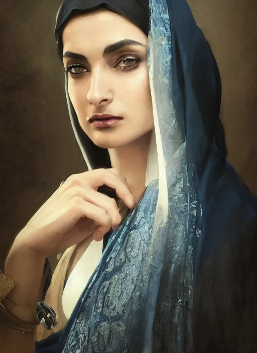 Image similar to a Photorealistic dramatic hyperrealistic render of an arab ameera al taweel, blue eyes, black hair, white veil,by WLOP,Artgerm,Greg Rutkowski,Alphonse Mucha, Beautiful dynamic dramatic dark moody lighting,shadows,cinematic atmosphere,Artstation,concept design art,Octane render,8K