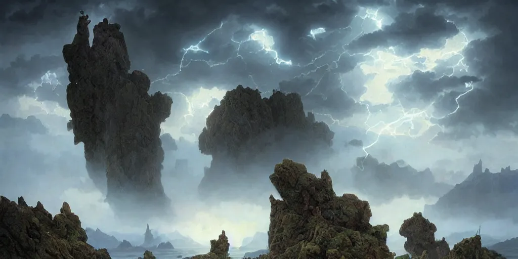 Prompt: photorealistic epic landscape with magically floating rocks, with ominous storm clouds, strange levitating stones, stones falling from the sky, swirls of mist by alphonse mucha. occult photorealism, uhd, amazing depth, glowing, volumetric lighting, cinematic lighting, by artgerm and greg rutkowski