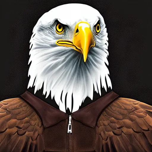 Image similar to a bald eagle in a leather jacket with wings insignia, digital art