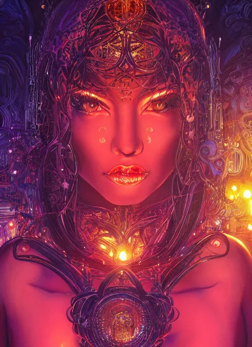 Prompt: full shot of a beautiful woman covered by black oil, intricate lights, neon glow, scary light, bio luminescent, plasma, by hildebrandt, greg key art. fantasy illustration. award winning, artstation, intricate details, realistic, hyperdetailed, 8 k resolution.