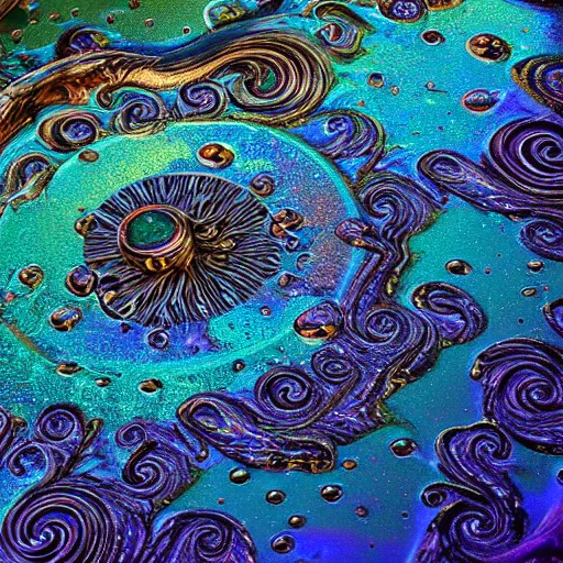 Image similar to Art Nouveau cresting oil slick waves, hyperdetailed bubbles in a shiny iridescent oil slick wave, ornate copper patina medieval ornament, rococo, oganic rippling spirals, octane render, 8k 3D