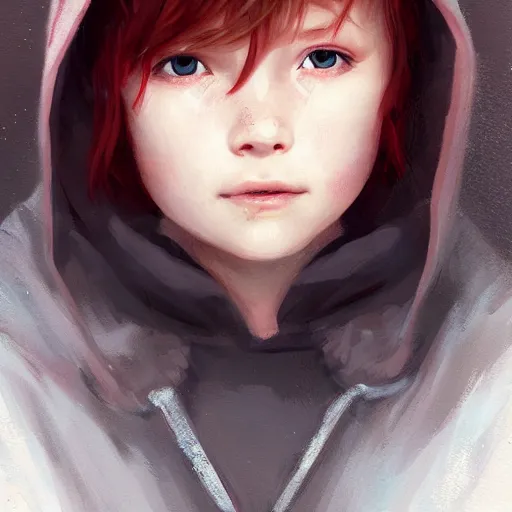 Image similar to a cute tiny girl with short red hair wearing a hoodie, digital art, very beautiful face, pretty face, very detailed eyes, full body illustration, 8 k resolution, soft painting, by greg rutkowski, wlop, rossdraws,