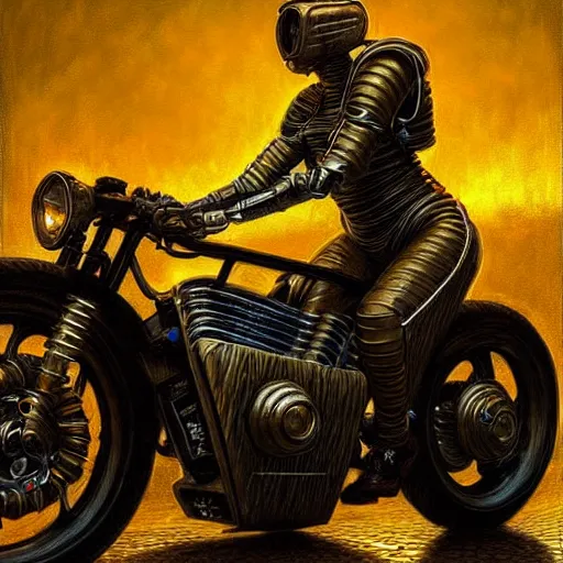 Image similar to cyberpunk motorbiker, atmospheric lighting, painted, intricate, golden hour, ultra detailed by peter gric, giger, enki bilal