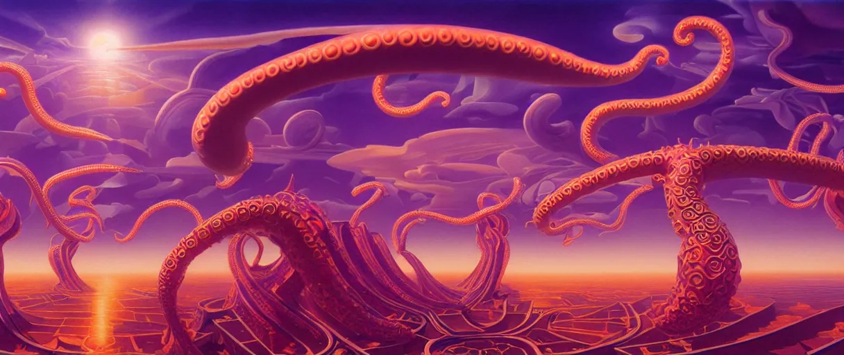 Image similar to surreal ornate sky city of atlantis on giant orange and purple cyborg tentacles coming out of puffy clouds matte painting concept art alex grey kay sage sorayama cinematic soft red lighting high angle hd 8k sharp shallow depth of field