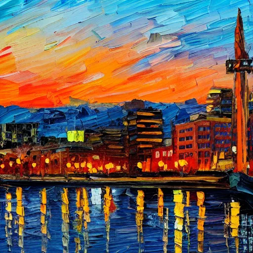 Image similar to palette knife oil painting of downtown portland at dusk