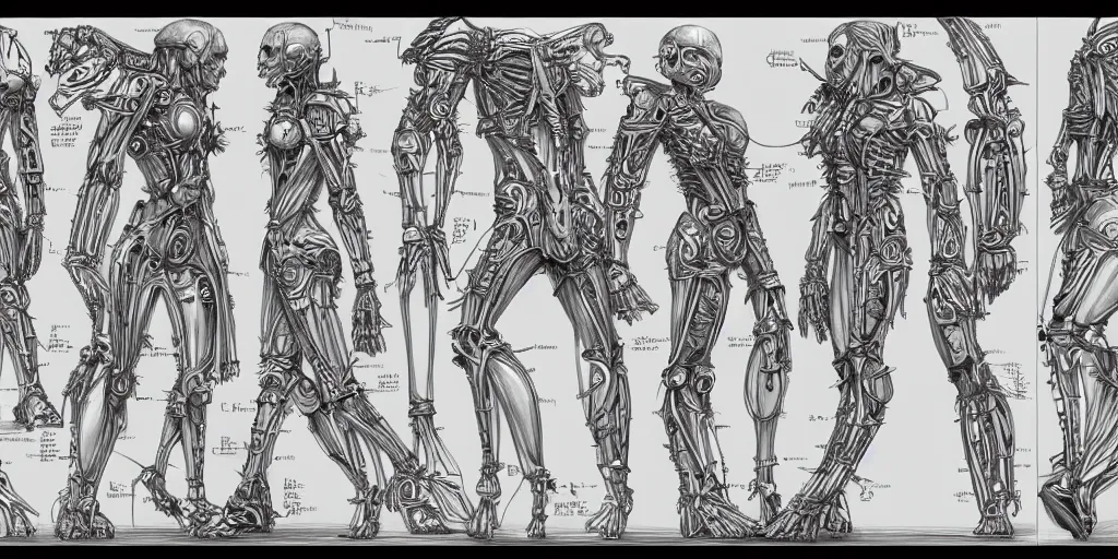 Image similar to highly detailed character sheet, technical drawing, side view, biomechanical human game protagonist designs, side - scrolling 2 d platformer, art by h. r. giger and jonathan wayshak