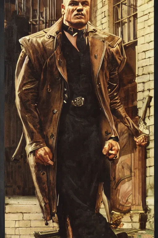 Image similar to full length portrait of mariusz pudzianowski as a huge hulking marvel gangster wearing a leather trench coat walking beside gangsters on street pre war new york, by lawrence alma tadema and zdzislaw beksinski and norman rockwell and jack kirby and tom lovell and greg staples and michael alford