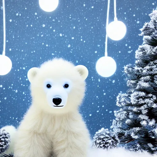 Prompt: cute fluffy white baby polar bear cub sitting in snowy winter christmas tree landscape with holiday lights detailed painting 4k