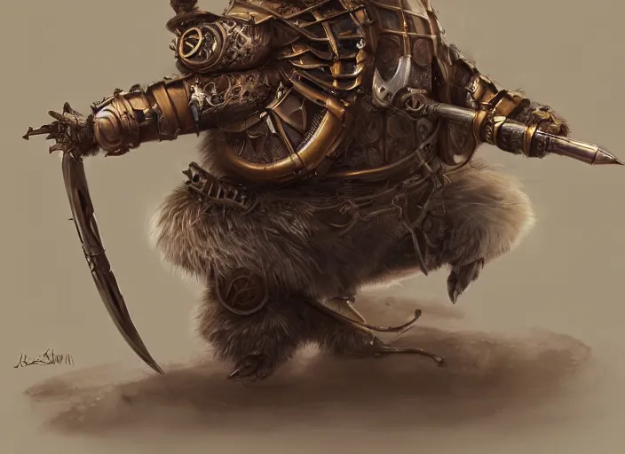 Prompt: ashigaru steampunk feathered mouse, lacquered armor, polearm glaive, cute but determined, hard focus, art station, by jessica rossier and brian froud, cinematic