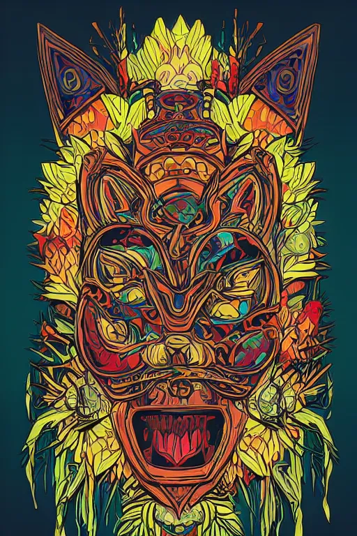 Image similar to animal mask totem roots flower tribal feather gemstone plant wood rock shaman vodoo video game vector cutout illustration vivid multicolor borderlands comics by josan gonzales and dan mumford radiating a glowing aura