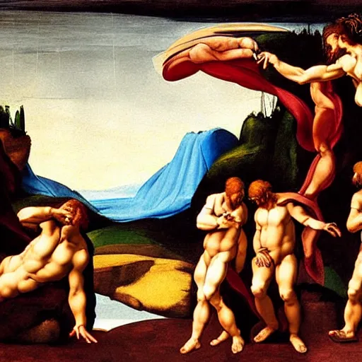 Image similar to the creation of adam painting by artist michelangelo