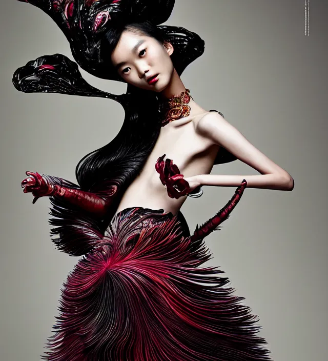 Image similar to photography american portrait of a stunning asian woman like ming xi. great hair style,, half in shadow, natural pose, natural lighing, rim lighting, wearing an ornate stunning sophistical fluid dress and hat iris van herpen, colorfull newbaroque makeup by benjamin puckey, highly detailed, skin grain detail, photography by paolo roversi