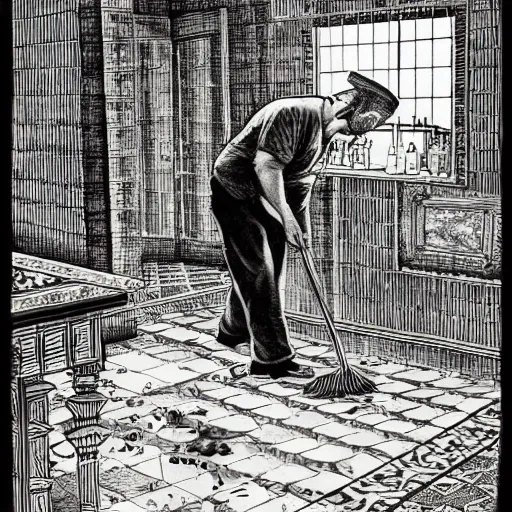 Prompt: man mopping the floor, very beautiful ink illustration, masterpiece, intricate detail, ornate , elaborate
